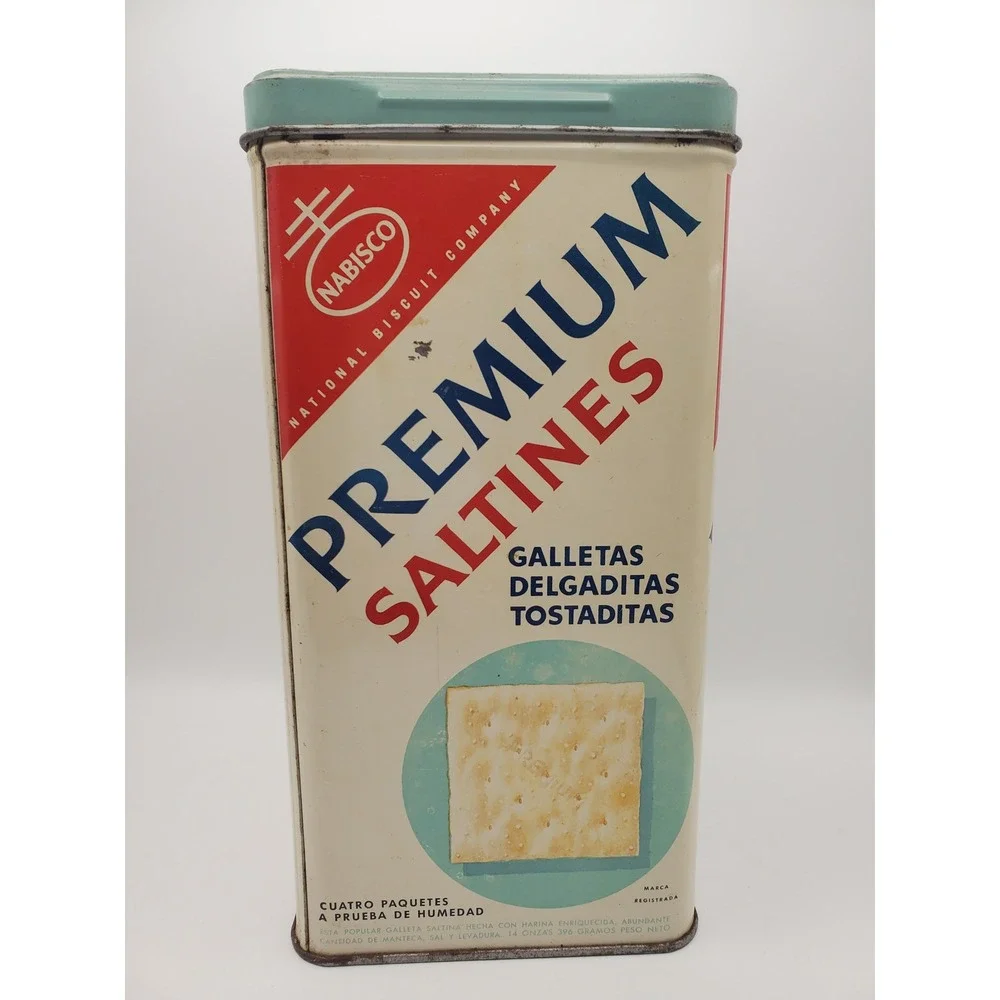 Vintage 1965 Nabisco Premium Saltines Cracker Tin - Bilingual w/ Turquoise Lid